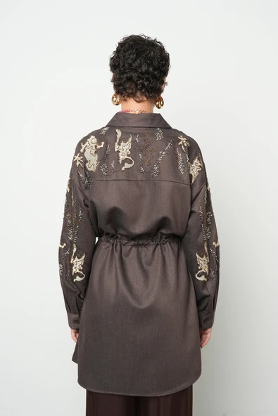 Kadın Uzun Tesettüre Uygun Nakış Ve Boncuk İşlemeli Kahverengi Ceket - 4