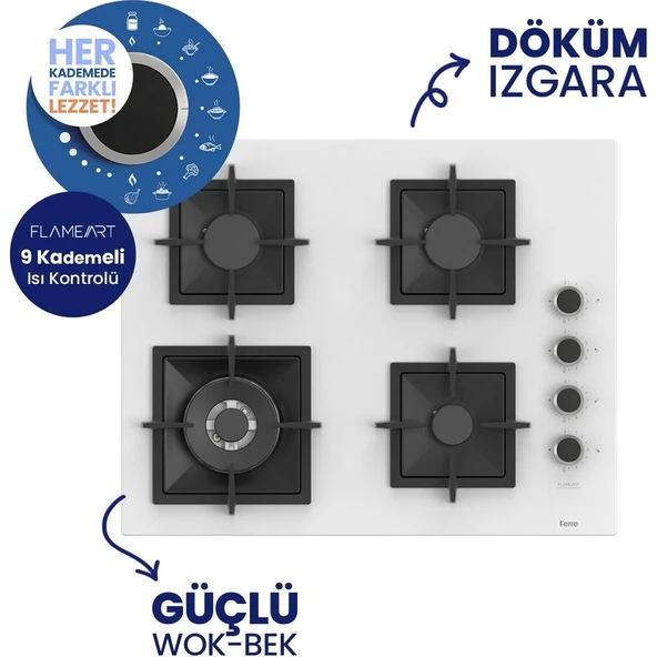 Ferre Flowart Turbolu Silenart Beyaz Cam Ankastre Set ( 65 cm Woklu Ocak ) QBL62CB - SC406 - D078SA - Resim 3