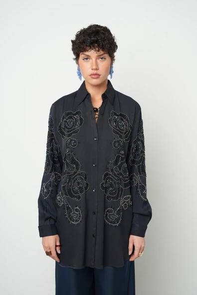 Kadın Boncuk Ve Taş İşlemeli Koyu Renk Oversize Kesim Gömlek - 6