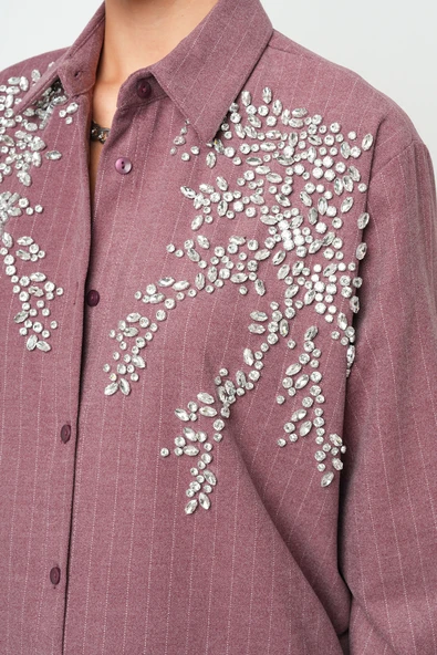 Kadın Önü Taş İşlemeli Çizgili Oversize Gömlek - 8
