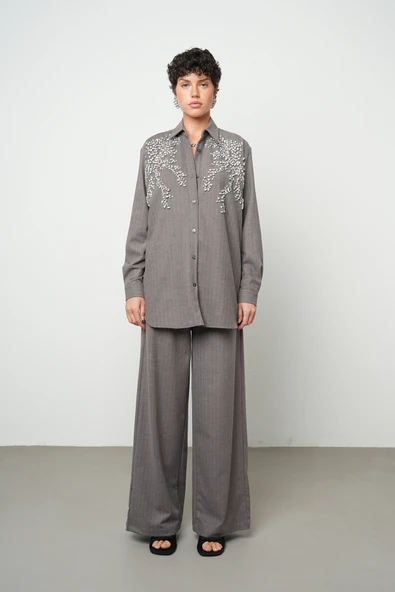 Kadın Önü Taş İşlemeli Çizgili Oversize Gömlek - 4