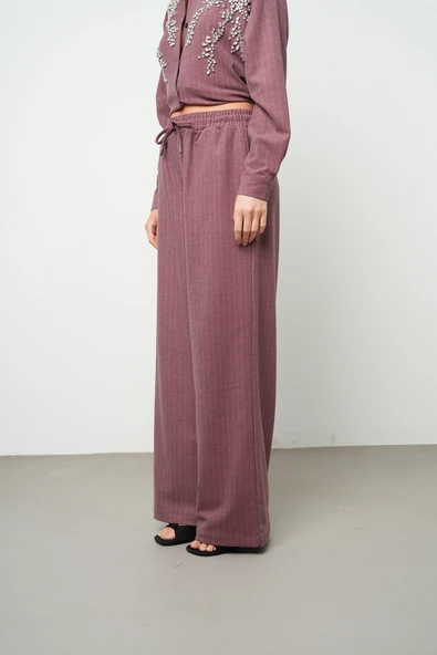 Kadın Bol Paça Beli Lastikli Çizgili Desenli Pantolon - 8