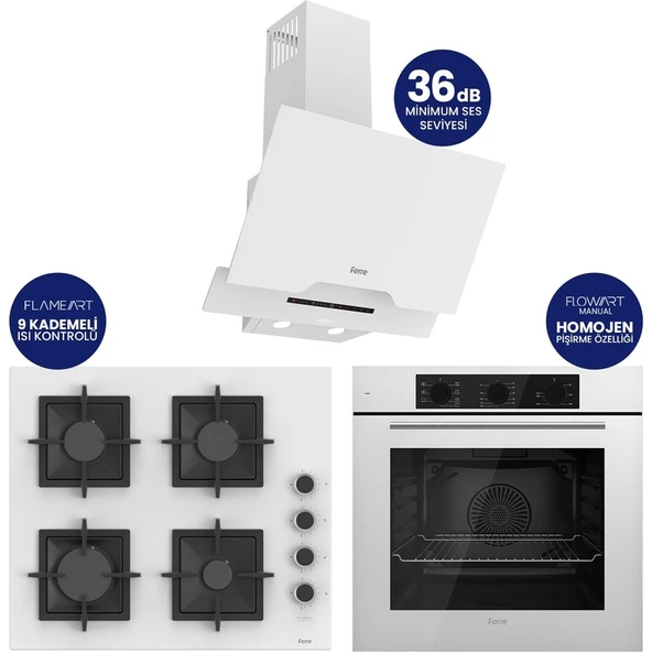 Ferre Flowart Turbolu Beyaz Cam Silenart Ankastre Set ( Kaymaz Döküm Izgara ) QBL62CB - SC206 - D064SA ürün görseli