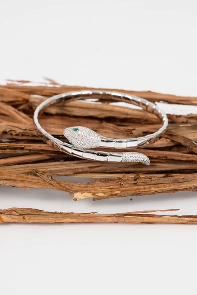 925 ayar gümüş rodyumlu gözü yeşil zirkon taşlı yılan modeli bilezik SGTL13044RODAJ - Resim 3