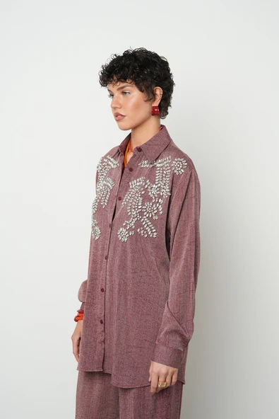 Kadın Robası Taş İşlemeli Bordo Renk Oversize Kesim Gömlek - 3