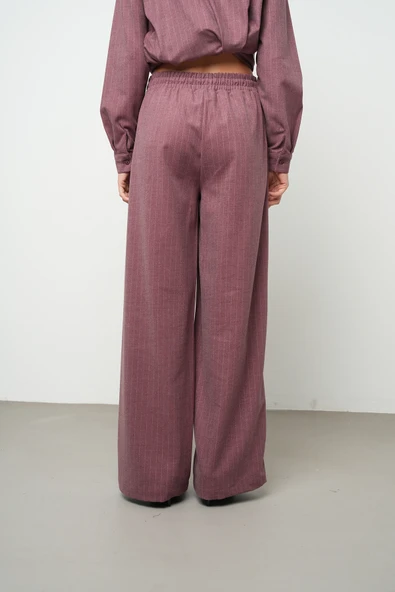 Kadın Bol Paça Beli Lastikli Çizgili Desenli Pantolon - 10