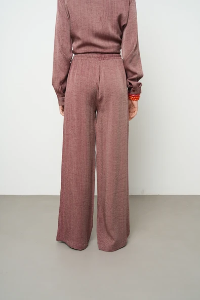 Kadın Bordo Renk Kırçıllı Bol Paça Rahat Kalıp Pantolon - 3