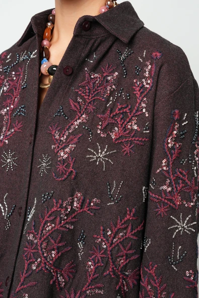 Kadın Bordo Nakışlı Oversize Kesim Gömlek - 3
