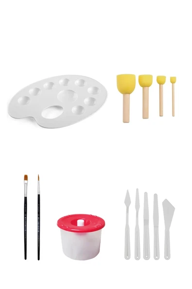 Palet Ponpon Fırça Düz Yuvarlak Fırça Resim Yağı Terebentin Su Kabı Plastik Spatula Seti Zemin Fırça ürün görseli