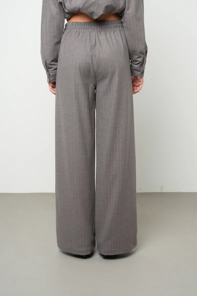 Kadın Bol Paça Beli Lastikli Çizgili Desenli Pantolon - 5