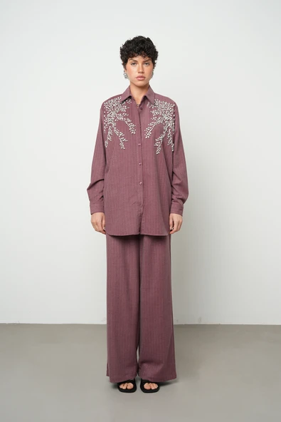 Kadın Önü Taş İşlemeli Çizgili Oversize Gömlek - 9