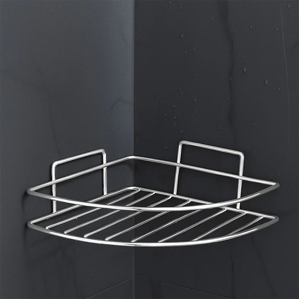 Krom Tek Katlı Duş Şampuanlığı Paslanmaz Çelik Banyo Köşe Rafı Vidalı Sağlam ve Şık Tasarım ürün görseli