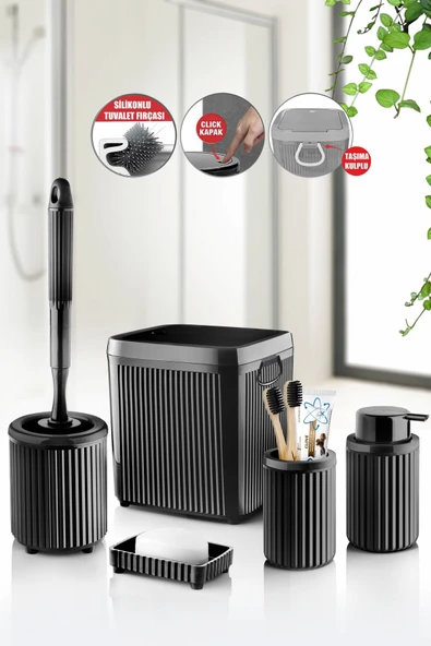 Decorev 5 Parça Siyah Click Kapaklı Silikon Fırçalı Taşıma Kulplu Banyo Seti – 5 Litre ürün görseli