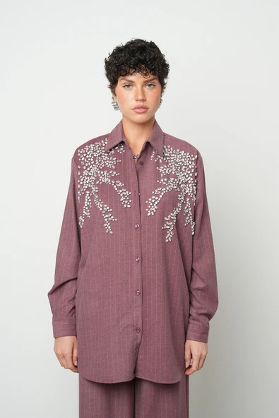 Kadın Önü Taş İşlemeli Çizgili Oversize Gömlek - 6