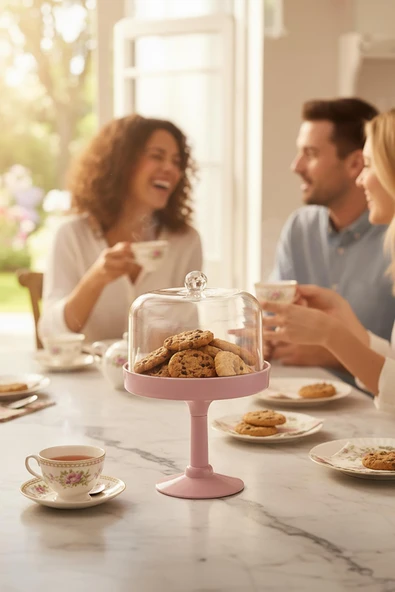 Soft Pembe Akrilik Ayaklı Kurabiyelik & Kapaklı Sunum Standı - 2 Parça - Resim 2