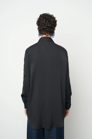 Kadın Boncuk Ve Taş İşlemeli Koyu Renk Oversize Kesim Gömlek - 10