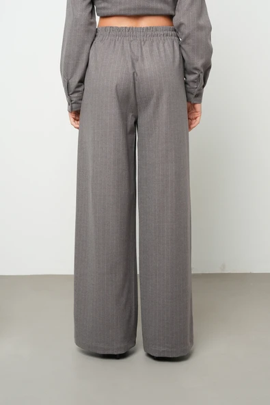 Kadın Bol Paça Beli Lastikli Çizgili Desenli Pantolon - 4