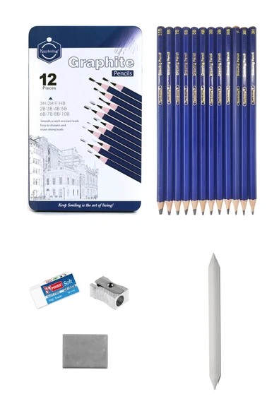 Karakalem Çizim Seti Metal Kutulu Eskiz Seti 12 Dereceli Kalem Hamur Silgi Pastel Dağıtıcı ürün görseli