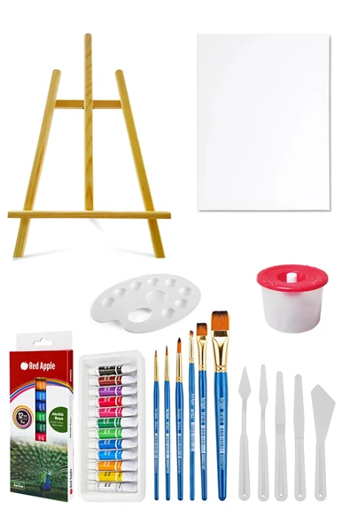 Mini Şövale Akrilik Boya Seti 9 ml 12 Renk Tuval Seti 25x35 Plastik Spatula Seti ürün görseli