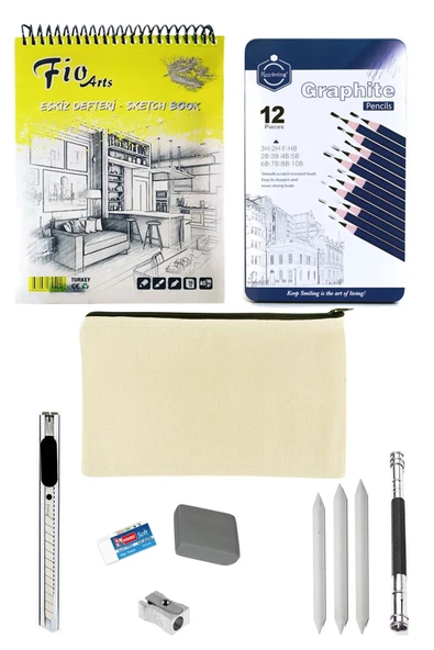 Fio A5 Spiralli Eskiz Defteri 90 gr Bez Çantalı Eskiz Seti Keep Smiling Karakalem Çizim Seti 12'li ürün görseli
