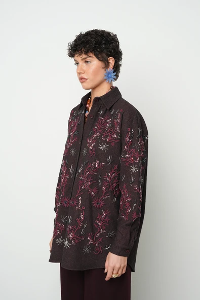 Kadın Bordo Nakışlı Oversize Kesim Gömlek - 2