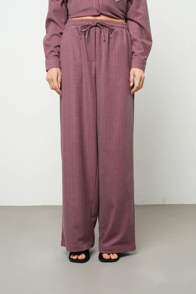 Kadın Bol Paça Beli Lastikli Çizgili Desenli Pantolon - 7