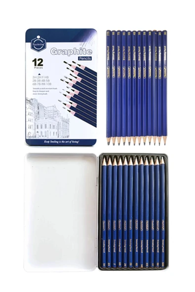 Karakalem Çizim Seti Metal Kutulu Eskiz Seti 12 Dereceli Kalem Hamur Silgi Pastel Dağıtıcı - Resim 2