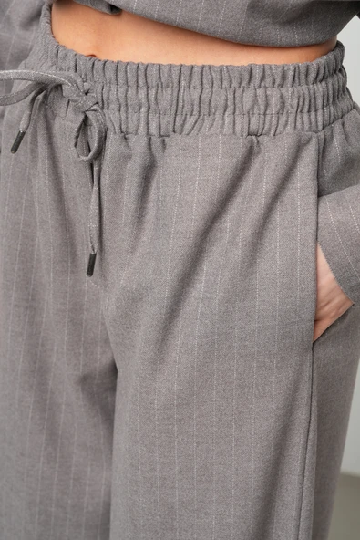 Kadın Bol Paça Beli Lastikli Çizgili Desenli Pantolon - 3