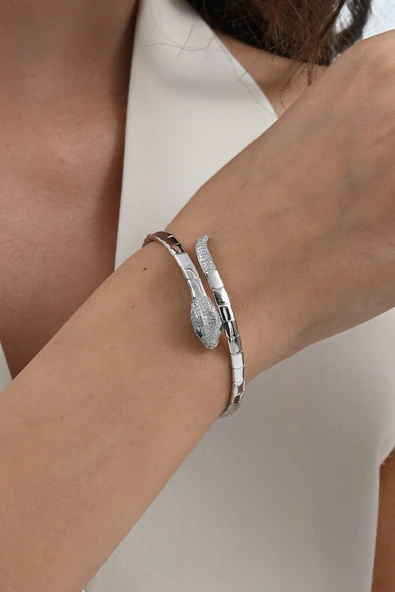 925 ayar gümüş rodyumlu gözü yeşil zirkon taşlı yılan modeli bilezik SGTL13044RODAJ ürün görseli