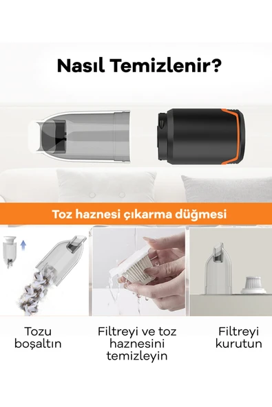 Whirtz Şarjlı Araç Içi Süpürge - Kablosuz Kullanım, Güçlü Emiş Gücü - Resim 6