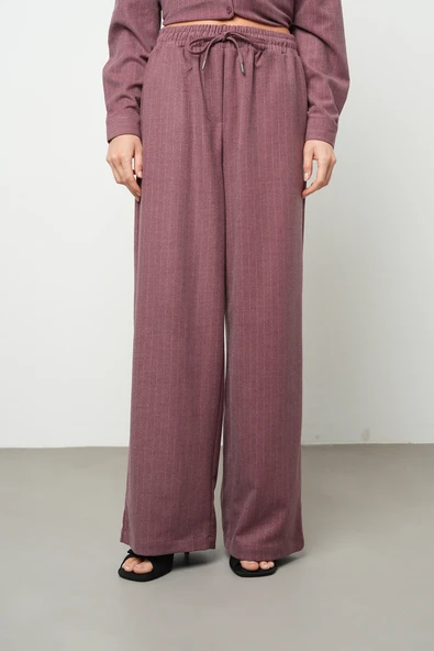 Kadın Bol Paça Beli Lastikli Çizgili Desenli Pantolon - 6