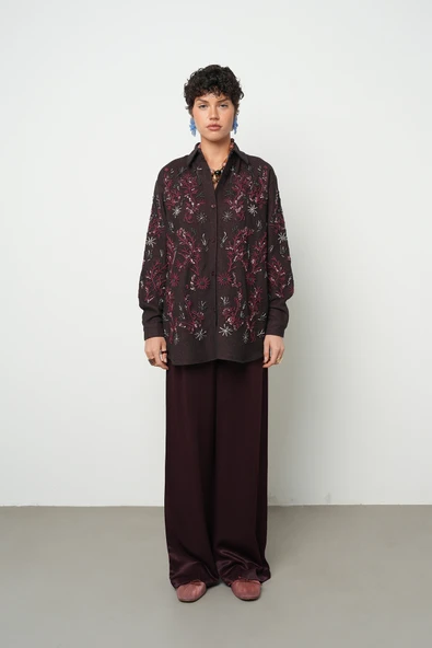 Kadın Bordo Nakışlı Oversize Kesim Gömlek - 4