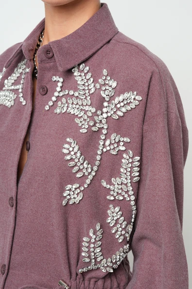 Kadın Taş İşlemeli Belden Bağlamalı Düz Renk Uzun Tesettüre Uygun Ceket - 8