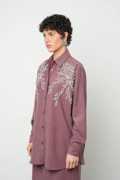 Kadın Önü Taş İşlemeli Çizgili Oversize Gömlek - 7