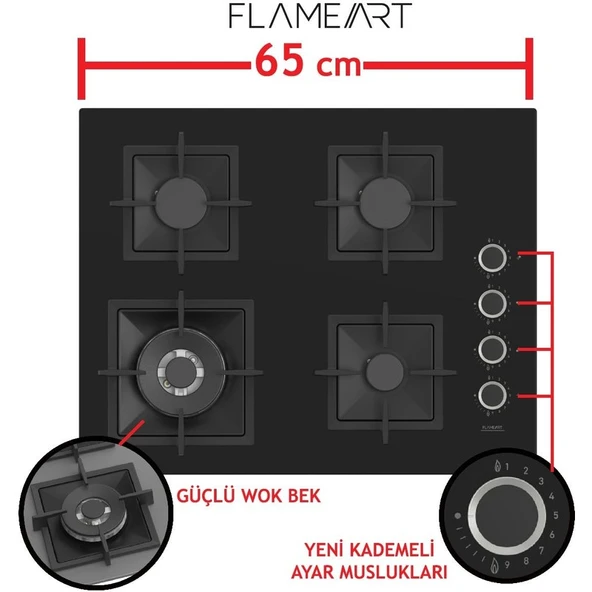 Ferre Steamart-Fryart Serisi Siyah Set (SC405-WFA + QEP64CS +D063) - Döküm Izgara / 65 cm Ocak - Resim 3