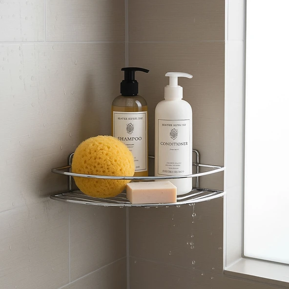 Krom Tek Katlı Duş Şampuanlığı Paslanmaz Çelik Banyo Köşe Rafı Vidalı Sağlam ve Şık Tasarım - Resim 5