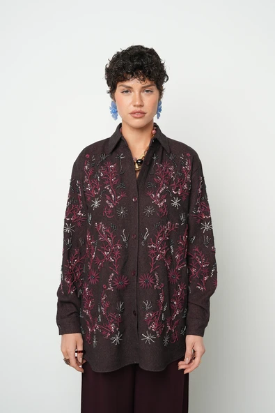 Kadın Bordo Nakışlı Oversize Kesim Gömlek