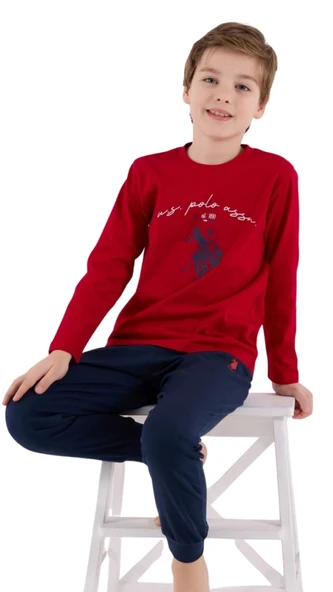 Us Polo Erkek Çocuk Garson Kırmızı Uzun Kol Pijama Takım 2233 - Resim 2