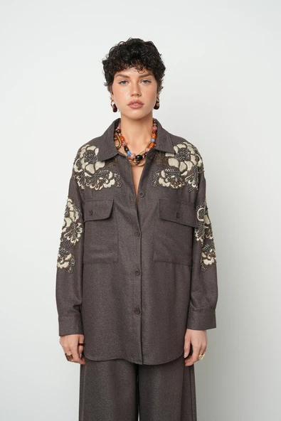 Kadın Nakış İşlemeli Ve Boncuk İşlemeli Düz Renk Ceket - 7