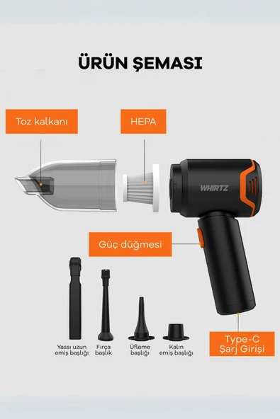 Whirtz Şarjlı Araç Içi Süpürge - Kablosuz Kullanım, Güçlü Emiş Gücü - Resim 4