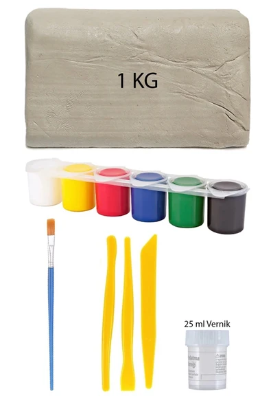 Beyaz Seramik Hamuru 1 Kg Kil Plastik Ebeşuar Seti 6x15 ml Akrilik Set 25 ml Partlatma Verniği ürün görseli