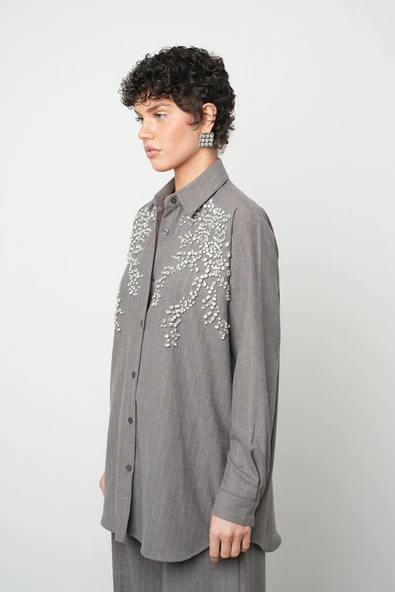 Kadın Önü Taş İşlemeli Çizgili Oversize Gömlek - 2