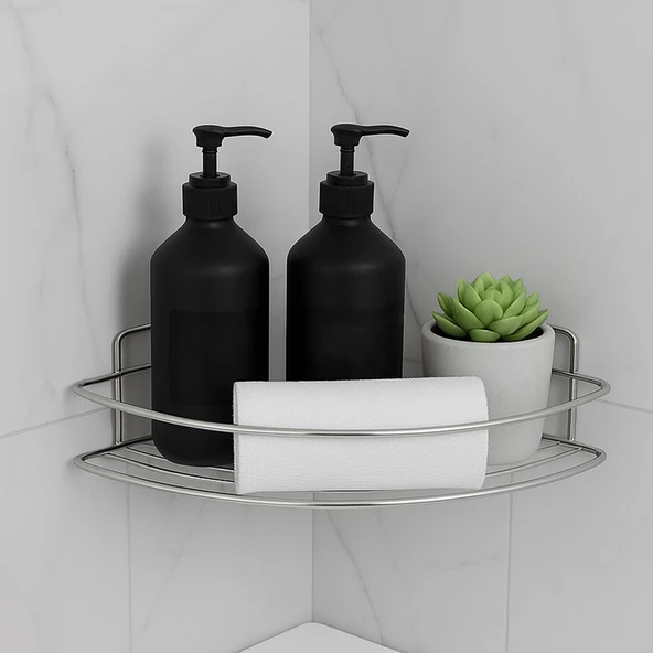 Krom Tek Katlı Duş Şampuanlığı Paslanmaz Çelik Banyo Köşe Rafı Vidalı Sağlam ve Şık Tasarım - Resim 2