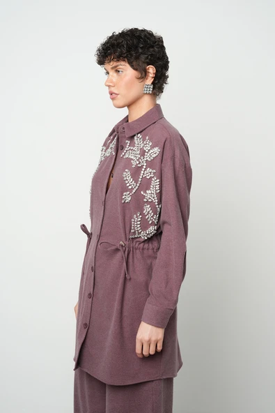 Kadın Taş İşlemeli Belden Bağlamalı Düz Renk Uzun Tesettüre Uygun Ceket - 7