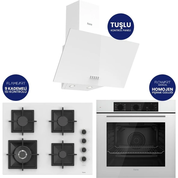 Ferre Flowart Turbolu Beyaz Cam Ankastre Set ( 65 cm Woklu Ocak ) QBL62CB - SC406 - D087 ürün görseli