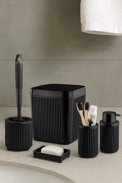 Decorev 5 Parça Siyah Click Kapaklı Silikon Fırçalı Taşıma Kulplu Banyo Seti – 5 Litre - Resim 2