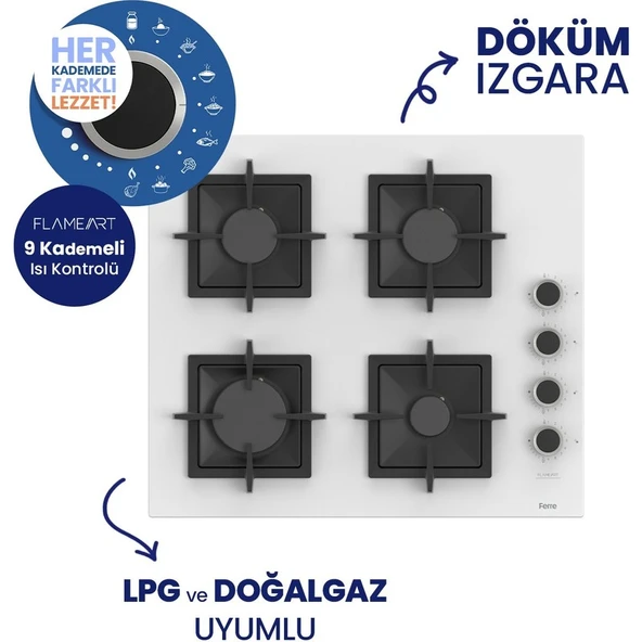 Ferre Flowart Turbolu Beyaz Cam Silenart Ankastre Set ( Kaymaz Döküm Izgara ) QBL62CB - SC206 - D064SA - Resim 3