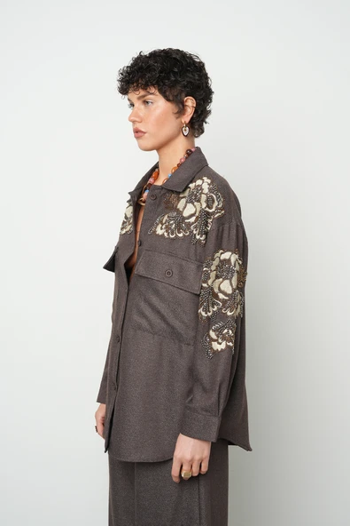 Kadın Nakış İşlemeli Ve Boncuk İşlemeli Düz Renk Ceket - 6