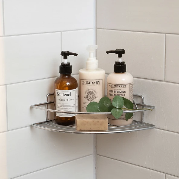 Krom Tek Katlı Duş Şampuanlığı Paslanmaz Çelik Banyo Köşe Rafı Vidalı Sağlam ve Şık Tasarım - Resim 7