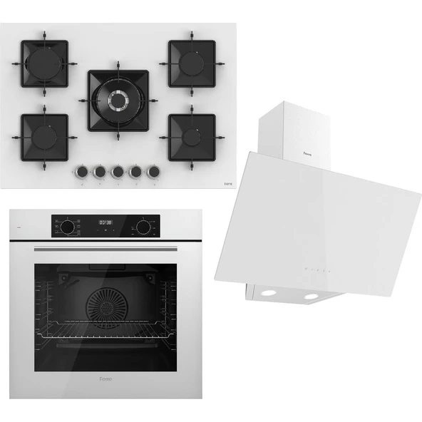 Ferre Steamart-Fryart Serisi Beyaz Set (SS036 + QBL63CB +D078) - Emaye Izgara - 75 cm Ocak ürün görseli